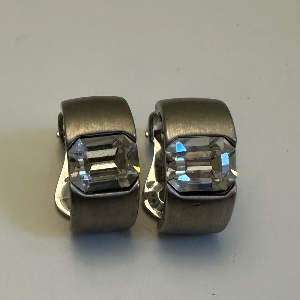 Rhinestone Clip One Silver Tone Small Hoops Earrings